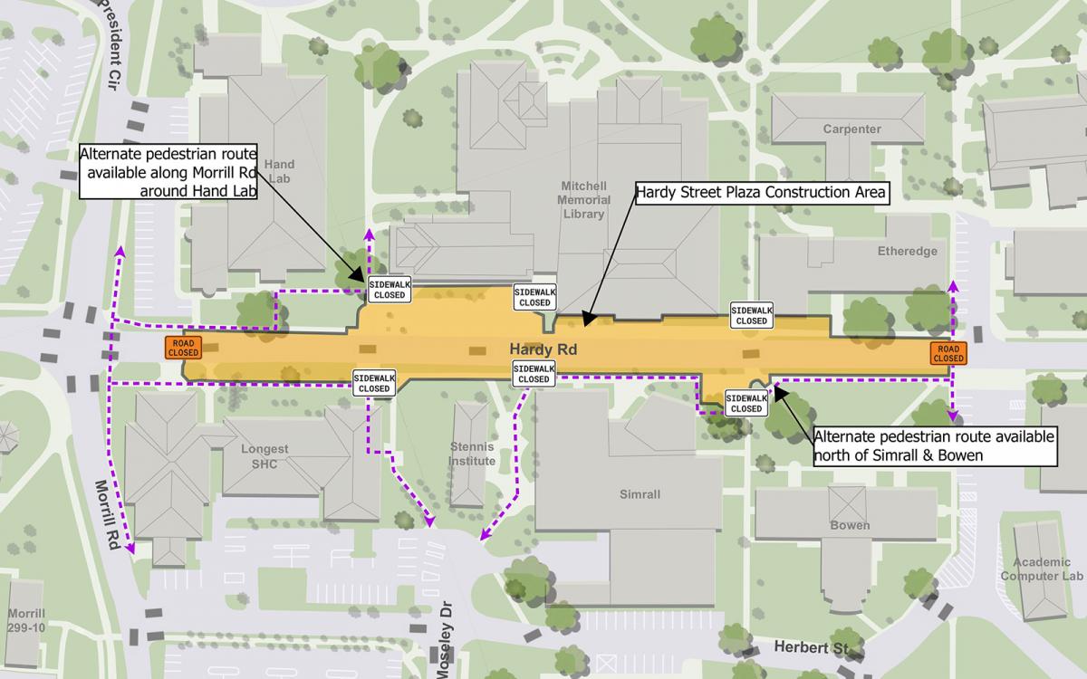 ルート Pedestrian detours adjusted for Hardy Plaza construction